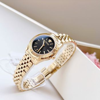 Đồng Hồ Versace Nữ Mới Nhất 2025 Greca Time Size 30mm – Chính Hãng Swiss Made, Mặt Đen Vân Độc Đáo, Dây Thép Mạ Vàng Jubilee, Sang Trọng Và Thời Thượng Chuẩn Thời Trang Ý
