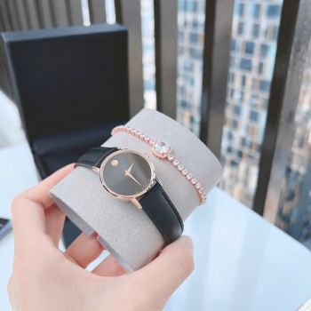 Đồng hồ Movado Museum 0607320 Watch For Women Máy pin Thuỵ Sỹ - Size 28mm - Mặt kính sapphire nguyên khối - Dây da đen chính hãng viền rose đẹp kinh điển - Chịu nước 30m