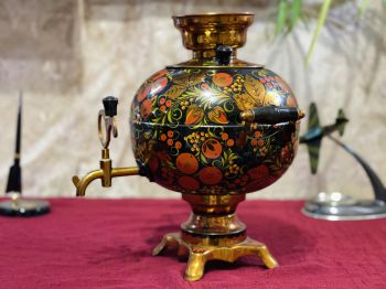 Ấm nước Nga Samovar đời Liên Xô vẽ thủ công, vỏ đồng thau, dáng trái bí 5 lít