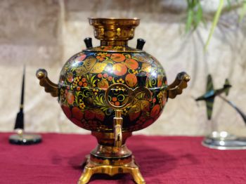 Ấm nước Nga Samovar đời Liên Xô vẽ thủ công, vỏ đồng thau, dáng trái bí 5 lít