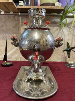 Ấm nước Nga Samovar đời Liên Xô mạ NiKen, vỏ đồng thau, dáng chú gà trống 3 lít