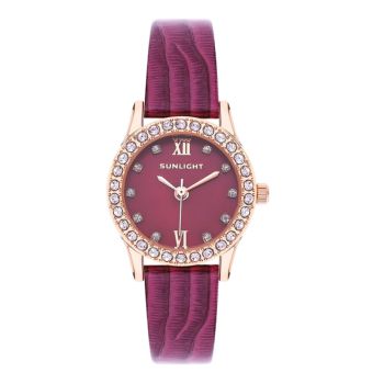 Đồng Hồ Nữ Sunlight 24mm Viền Đá Vàng Dây Da Màu Tím Hồng