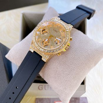 Đồng Hồ Nữ Guess Gold Tone Case Black Silicone Watch GW0257L1 Màu Đen Vàng