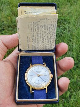 Đồng hồ Poljot Kosmos 29 jewels bọc vàng Au20 kim quyền trượng Nos nguyên sổ hộp