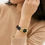 Đồng Hồ Nữ Versace Greca Logo Monogram Leather Watch 27mm Màu Đen Vàng