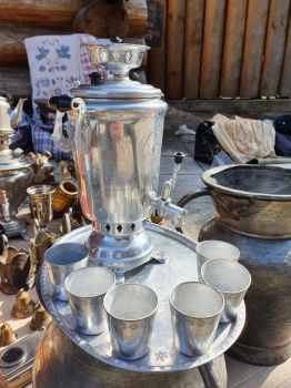 Ấm nước Samovar Liên Xô nguyên bộ khay và ly