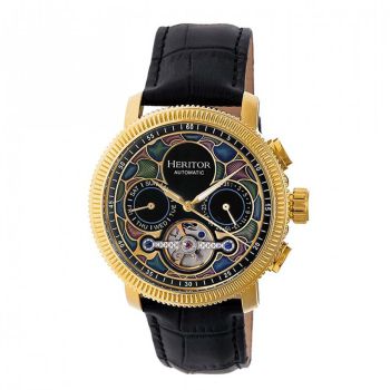 Đồng Hồ Nam Heritor Automatic Aura Men's Semi-Skeleton Black Leather Gold Watch HR3502 Màu Đen