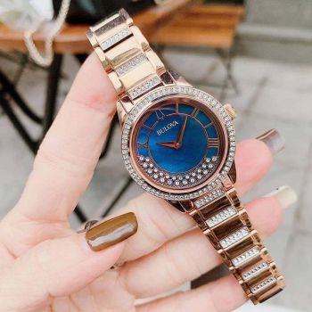 Đồng Hồ Nữ Bulova 98L247 Crystal Swarovski Blue Dial Stainless Steel Màu Vàng Hồng