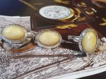 Bộ nhẫn bông tai Hổ phách - Mặt vàng bơ trắng, nhẫn bạc nguyên chất 925