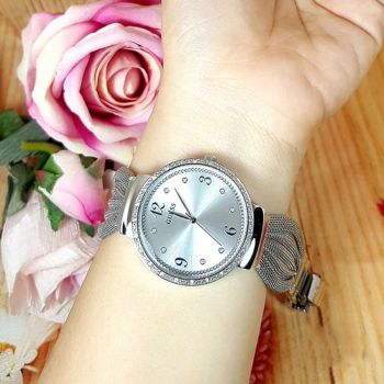 Đồng Hồ Guess Chiffon Quartz Crystal Silver Dial Ladies Watch U1083l1 Màu Bạc