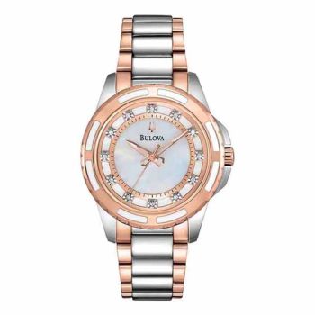 Đồng Hồ Nữ Bulova Diamond White Mother Of Pearl Dial Ladies Watch 98P134 Màu Bạc Phối Vàng Hồng