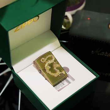 Bật lửa Zippo 252BL041 Rồng cầm Ngọc ốp nổi 3D trên nền Zip giả cổ phay xước