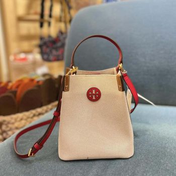 Tory Burch 86843 Blake Natural Khaki/Brown Leather With Gold Hardware  Canvas Women's Bucket Bag