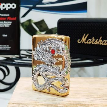 Mẫu Bật lửa ZIPPO 252BL001 rồng bạc ốp nổi 3D quấn ngọc đỏ quanh thân zip